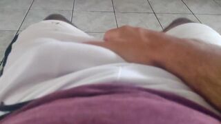 massage my cock using white shorts, maybe you can see the head of my cock