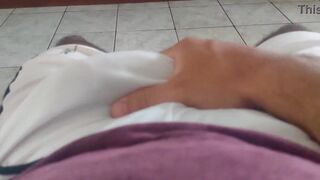 massage my cock using white shorts, maybe you can see the head of my cock
