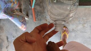 Malleable stick in the disinfectant bottle of the inexperienced straight slave.