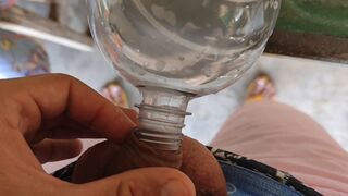 Malleable stick in the disinfectant bottle of the inexperienced straight slave.