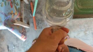 Malleable stick in the disinfectant bottle of the inexperienced straight slave.