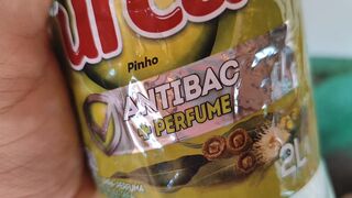 Malleable stick in the disinfectant bottle of the inexperienced straight slave.