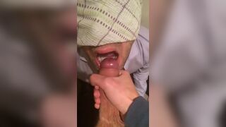 Guy takes the cum load on his tongue and swallows 5