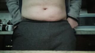 Fatman touch his tiny cock in the kitchen