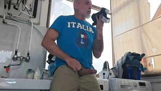 Old Mature Hung Big Cock Repairman Is Fixing the Washmachine for a Horny Couple