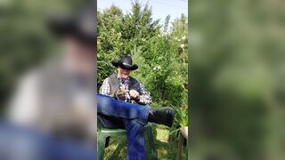 Cowboy dad on break and pumping his cock - 2 image