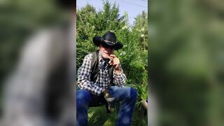 Cowboy dad on break and pumping his cock