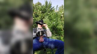 Cowboy dad on break and pumping his cock