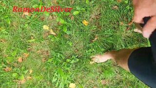 Master Ramon runs jerking off barefoot in his hot cycling shorts through nature and cums all over