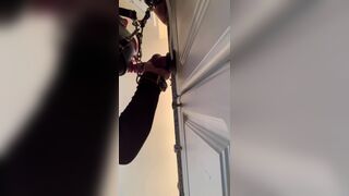 Bound chastity pup gets turned on practicing his oral training.