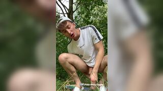 Polish Teen boy play monster dildo outside public forest and destroys the ass than he cums - 8 image