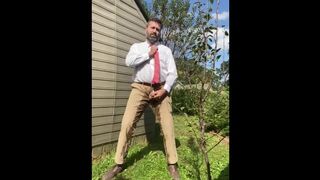 Rex Mathews humiliated pissing himself in shirt and tie jerking off and Cum in pants - 1 image