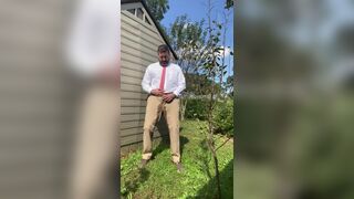 Rex Mathews humiliated pissing himself in shirt and tie jerking off and Cum in pants