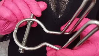 Inserting a Rectal Speculum while being in my Chastity Cage