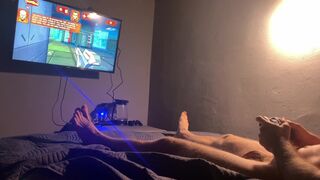I'm playing a video game and I'm horny! I cum on my chest with a massive loads of cum! - 3 image