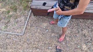 A random femboy jerks my cock and eats my cum in a park