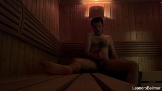 Leandro Bellmer strokes his meaty shaft to a massive cumshot in a public sauna