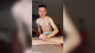 Watch Evgeny Twink's skinny body take on a huge uncut cock up close and personal