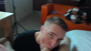 Alex Cute and Evgeny Twink take on a massive 23cm dick with their tight holes stretched wide open