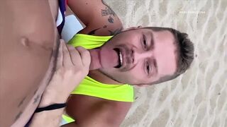 Watch Simon, Eddie, and Nick Bardem take turns sucking a huge cock in public by a jock