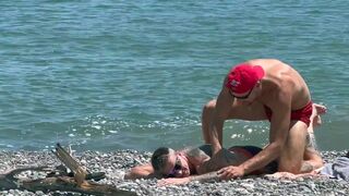 Falcon Al's oiled up ass takes a hard pounding on the beach before being rimmed and filled with cum