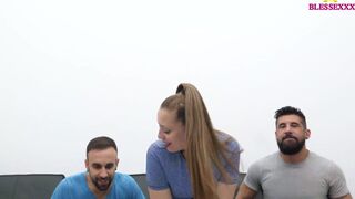 Watch as curvy girlfriend rubs her man's hard cock while her GF watches in humiliation