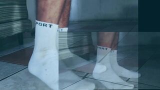 Watch MasterPiss's hairy armpits and white socks get soaked in hot cum in POV