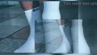 Watch MasterPiss's hairy armpits and white socks get soaked in hot cum in POV