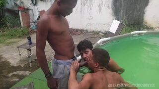 Thiago Moreno and Donatto Xl take turns fucking a hot chick in a wild interracial poolside threesome with a buddy