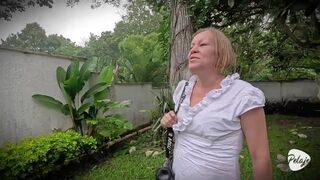 Watch as busty Latina granny seduces thief with massive toy outdoors