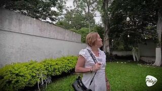 Watch as busty Latina granny seduces thief with massive toy outdoors