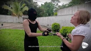 Watch as busty Latina granny seduces thief with massive toy outdoors