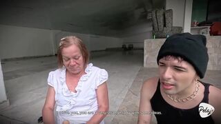 Watch as busty Latina granny seduces thief with massive toy outdoors