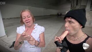 Watch as busty Latina granny seduces thief with massive toy outdoors