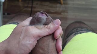 Watch this chubby Latino guy stroke his massive monster cock with hairy armpits and belly exposed