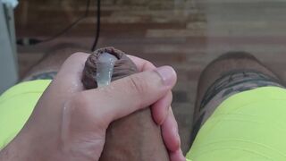 Watch this chubby Latino guy stroke his massive monster cock with hairy armpits and belly exposed