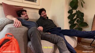 Lorenzo and Elio's steamy threesome: a straight guy gets tricked, a newbie gets a monster cock, and a pretty face gets - 1 image