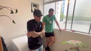 Euerickdiaz & his pal get frisky with a tattooed Brazilian slut in public - 1 image