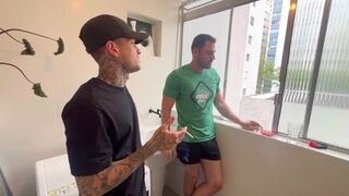 Euerickdiaz & his pal get frisky with a tattooed Brazilian slut in public - 2 image