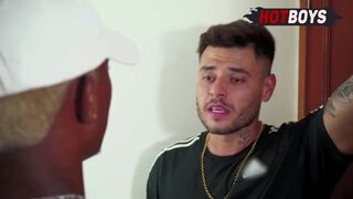 Watch Eduardo Milano take raw anal pounding from two hung studs in raw POV action!