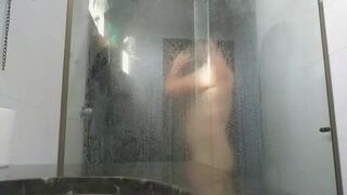 Watch me get hot and steamy in the bathroom before the guys arrived - belly, butt, and more!