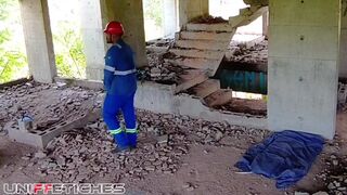 Watch TheBlackHunterr & Barry Halby get it on while our coworker watches in uniform! - 1 image