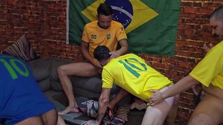 Watch as these Brazilian amateurs dominate their colleague's huge black cock during a soccer game! - 11 image