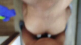 Hot babe with brown eyes rides a black guy's bike while getting licked by her tattooed daddy - 8 image