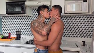 Kostya Kazenny, Iddo Brabo & Nickey Franca get drenched in cum in wild watersports threesome - 2 image