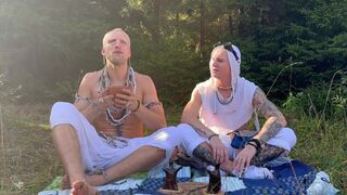 Falcon Al & Kit Belove take turns deepthroating and deep fucking a hard cock in a wild camping orgy - 1 image