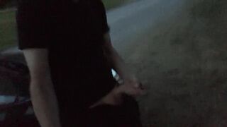 completely blatantly jerking off outside after sundown and cumming hands-free - 1 image