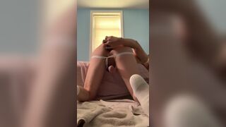 Gay Chastity Twink Slave Shows Off All of His Butt Toys in Under Armour Jockstrap White Nike Socks