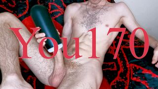 sporty hot guy masturbates his big dick with a masturbator and gets a lot of pleasure, shaking during orgasm, legs shaki - 1 image