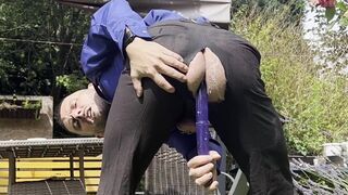 Suited men with locked dick is playing with his mancunt and pissing in public in sheer socks - 4 image